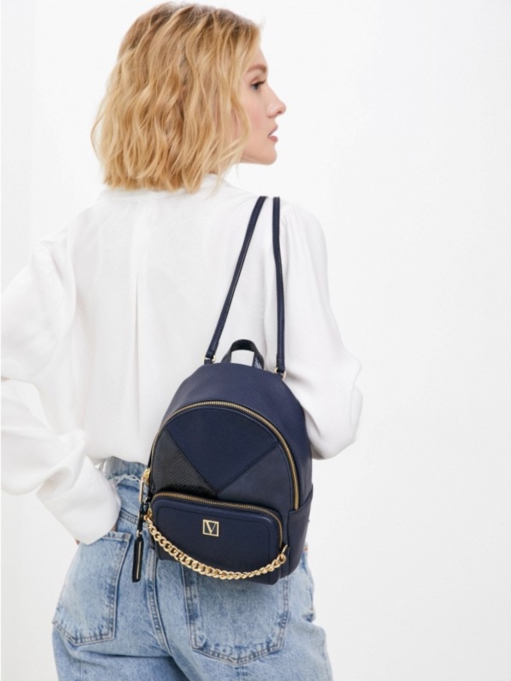 Victoria's Secret Navy Mini Backpack with Gold Chain Accent - Picture 6 of 6